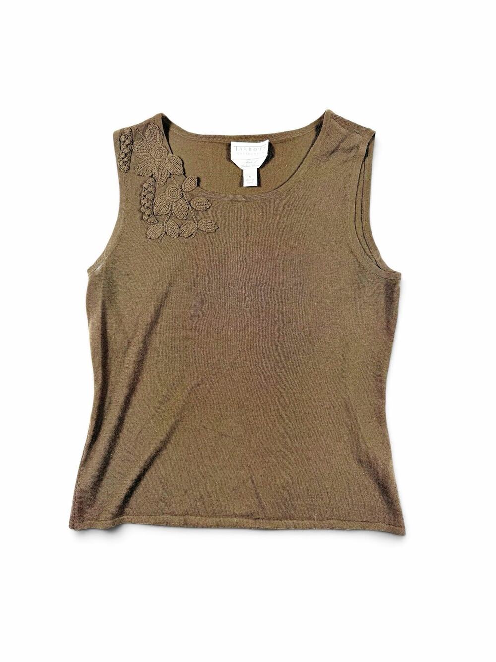 Talbots Collection Merino Wool Sleeveless Sweater Brown Floral Applique Medium
